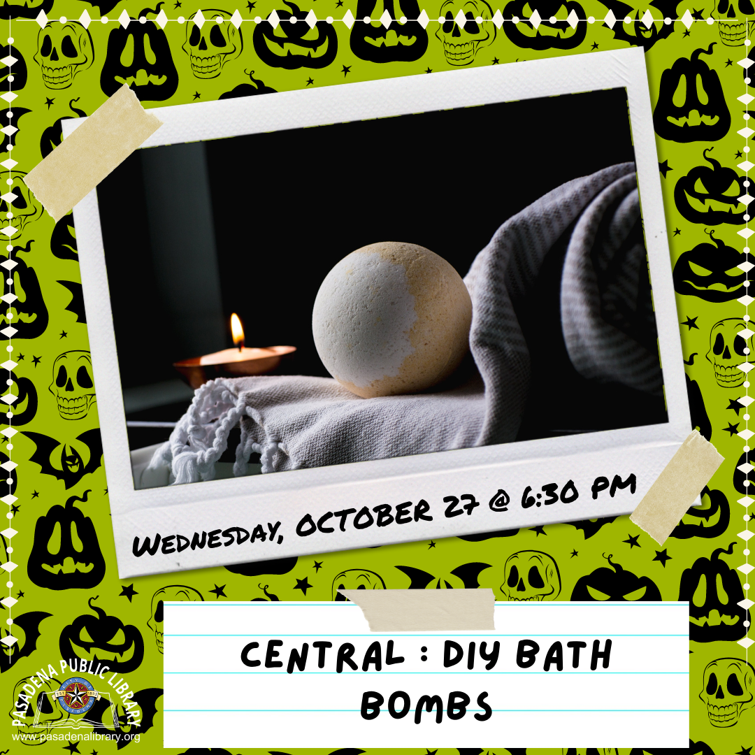 We're making bath bombs again! Join Ms. Lynnea at Central’s Teen Room for a demonstration on how to make your own scary bath bomb for spooky season! Stay for the demonstration and grab a bag of supplies on your way out to brew your own self-care at home! 
