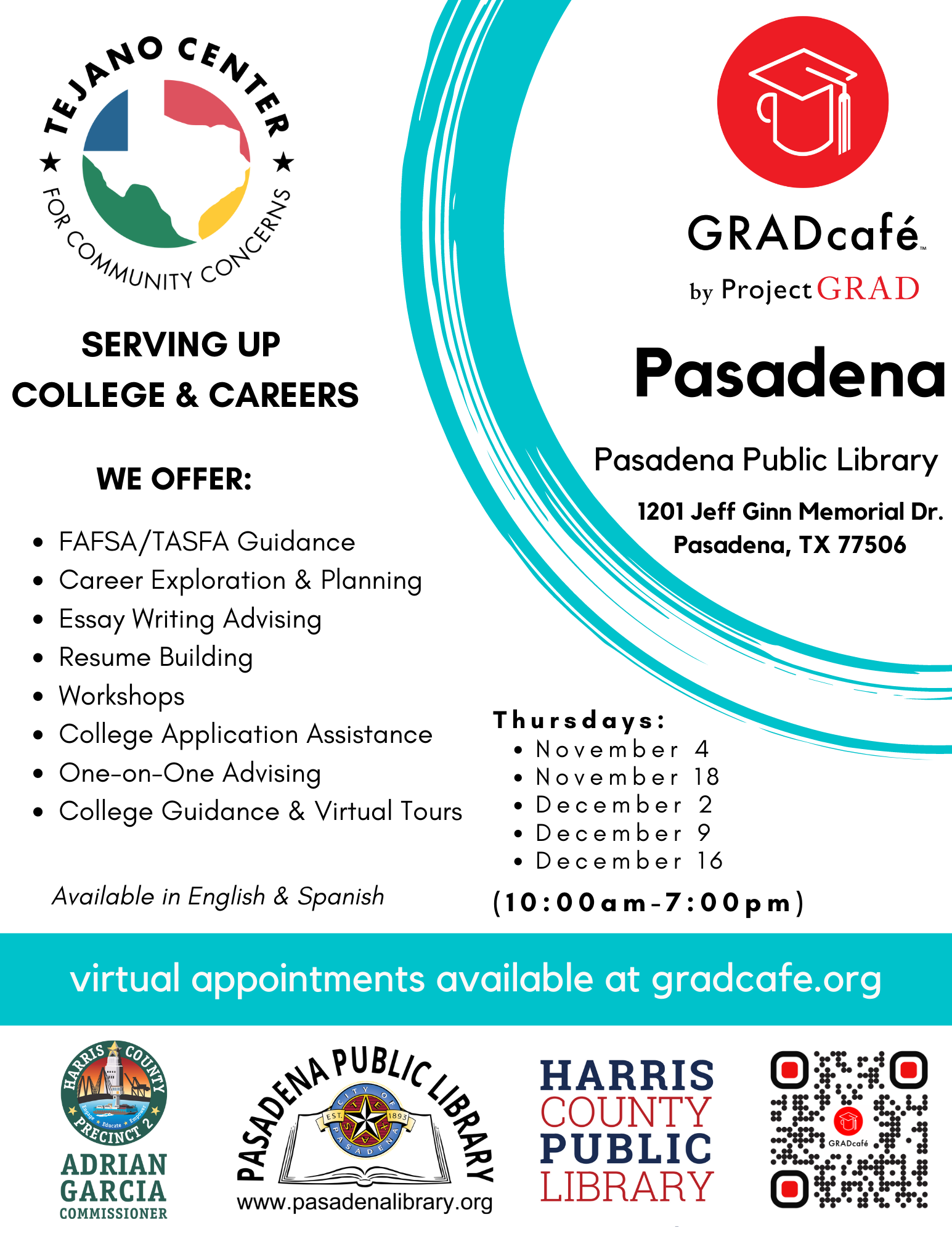 Need help with your Financial Aid application? GRADcafé will be at Central Library for in-person advising Thursdays from 10:00AM to 7:00PM.