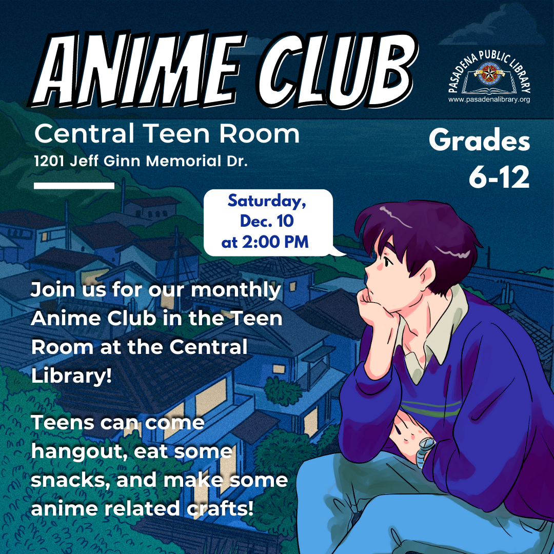 Join us for monthly Anime Club in the Teen Room at the Central Library! Teens can come hangout, eat some snacks, and make some anime related crafts!  Grades 6-12