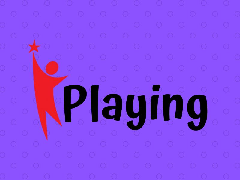 Playing written in black font, purple dot background