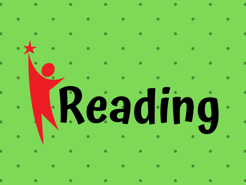 Reading in black font with green dot background