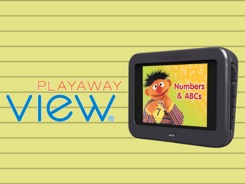 yellow striped background, playaway view logo, ernie's numbers and abc title