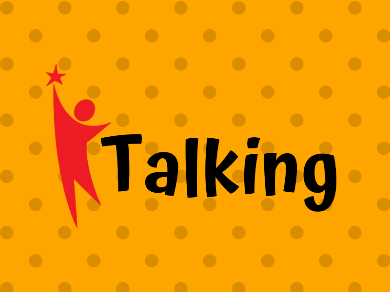 Orange spot background, the word Talking written in white letters, red ECRR person logo