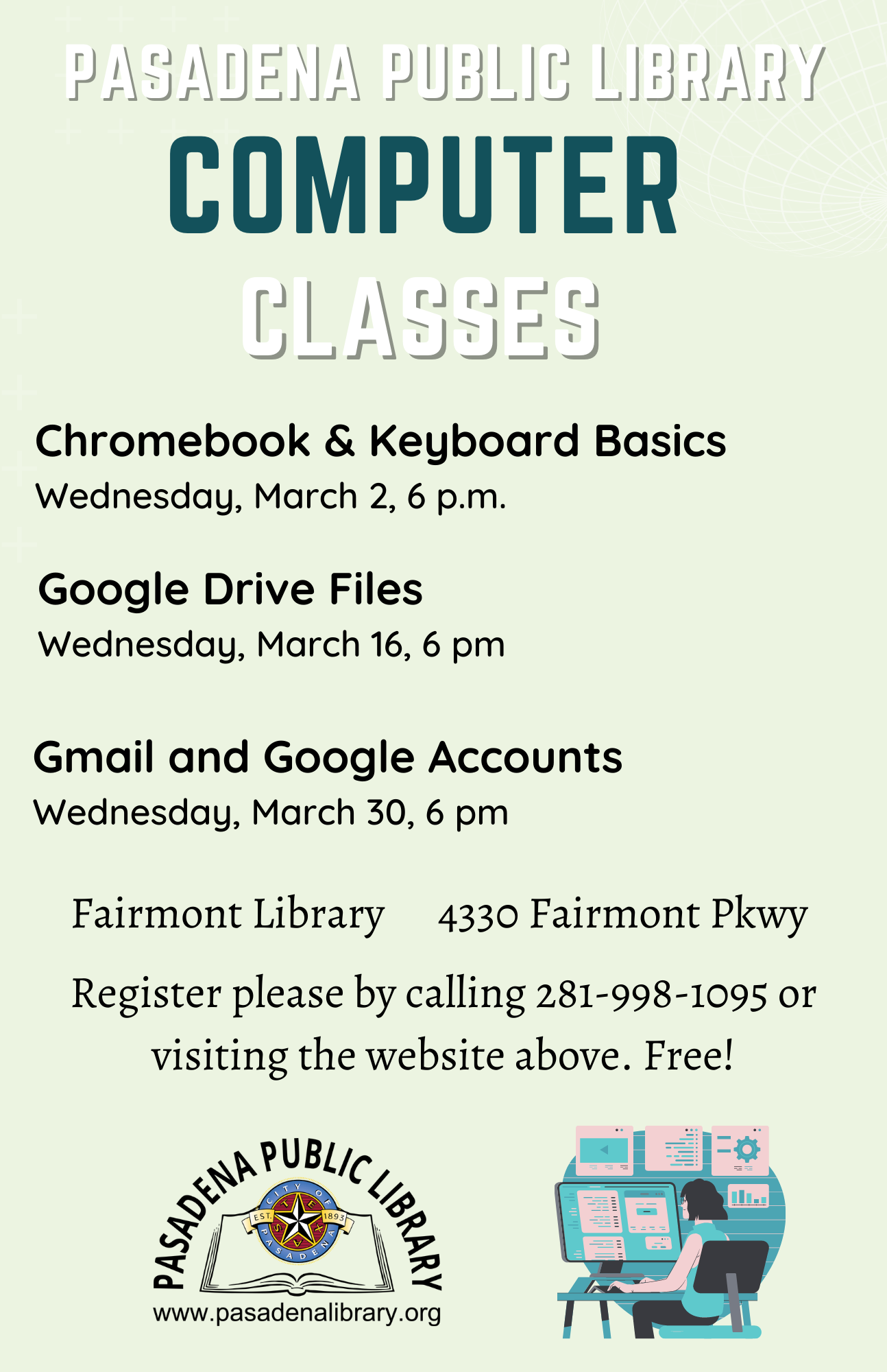 Flyer listing March computer class schedule
