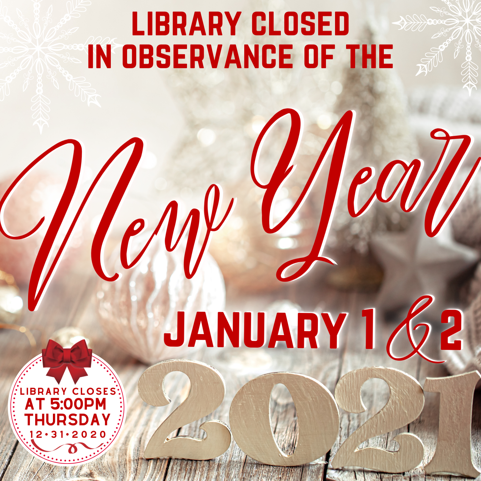 The Pasadena Public Library will be closed January 1-3 in observance of the New Year!