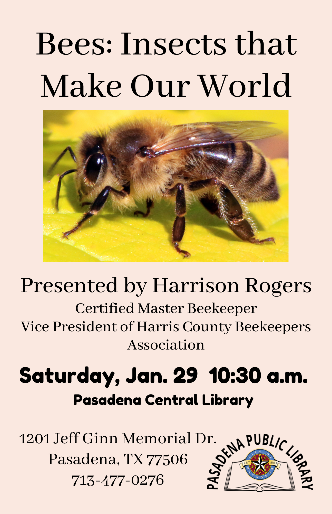 A flyer with a photo of a bee and the program date and time, January 29 at 10:30 am at 