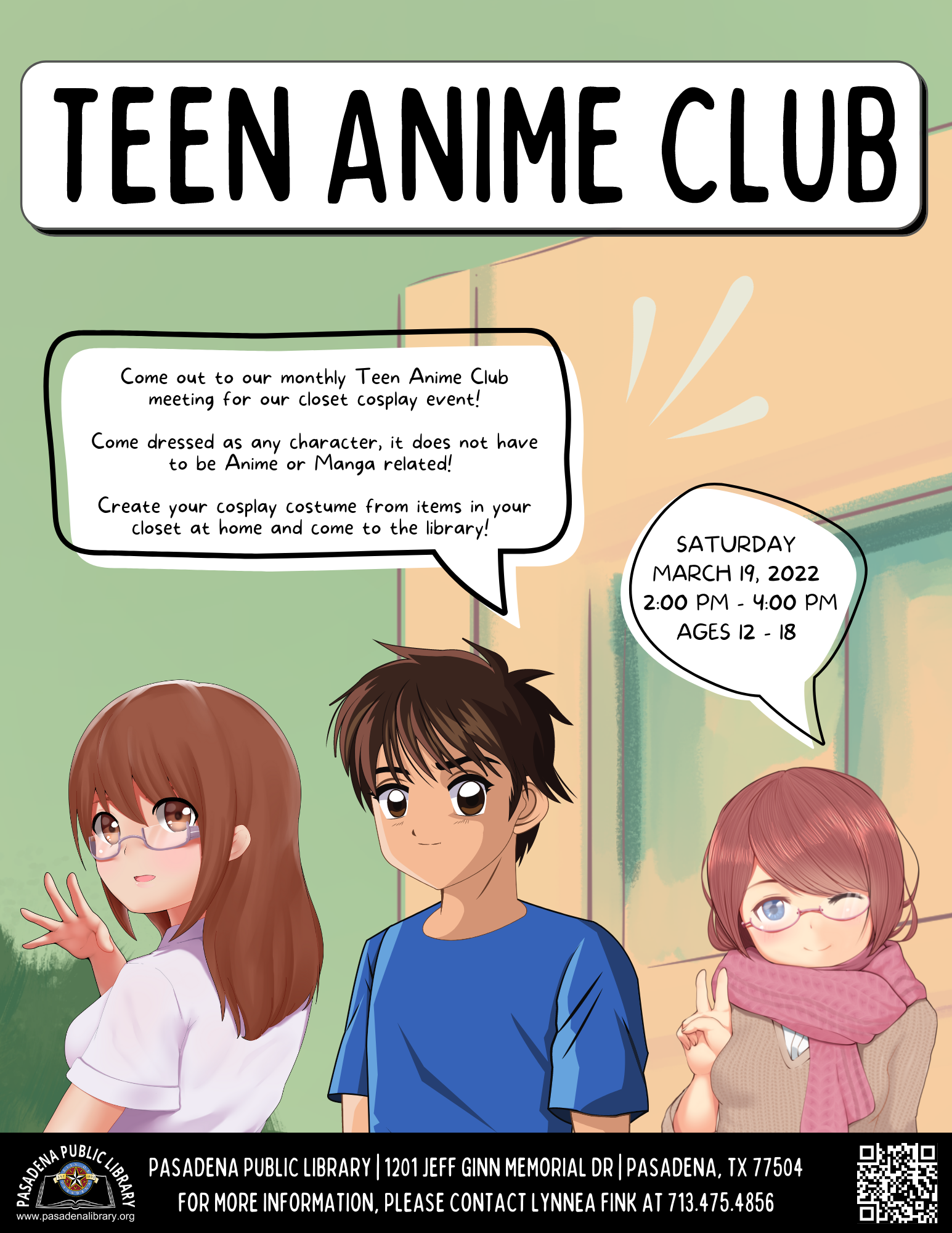 Come out to our monthly Teen Anime Club meeting for our closet cosplay event! Come dressed as any character, it does not have to be Anime or Manga related! Create your cosplay costume from items in your closet at home and come to the library! 