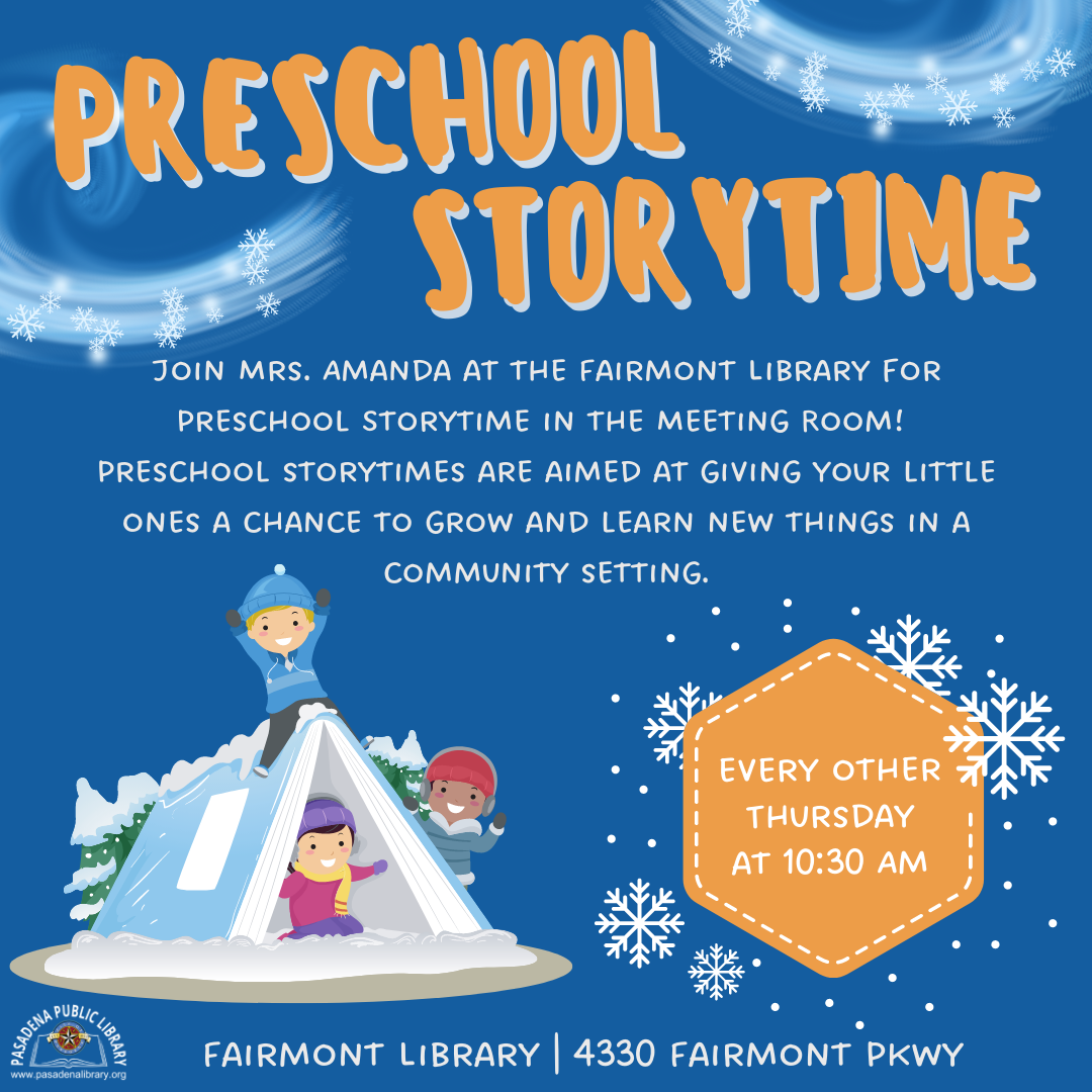 Join Ms. Amanda at the Fairmont Library for a Preschool Storytime in the Meeting Room. Preschool storytimes are aimed at giving your little ones a chance to grow and learn new things in a community setting.