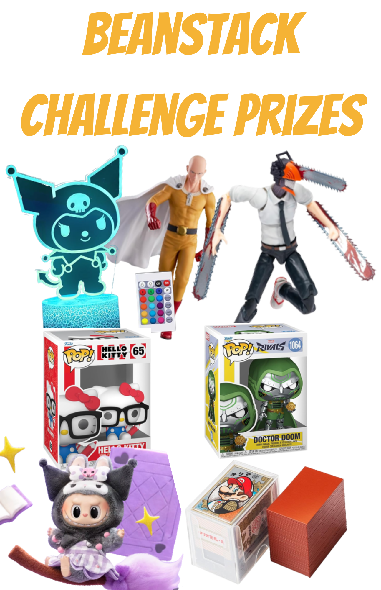 Promotional graphic for Beanstack Challenge Prizes featuring a collection of anime, gaming, and pop culture merchandise, including character figures, Funko Pop collectibles, a Kuromi lamp, a Labubu plush, and Mario-themed playing cards. Large orange text reads, “Beanstack Challenge Prizes.”