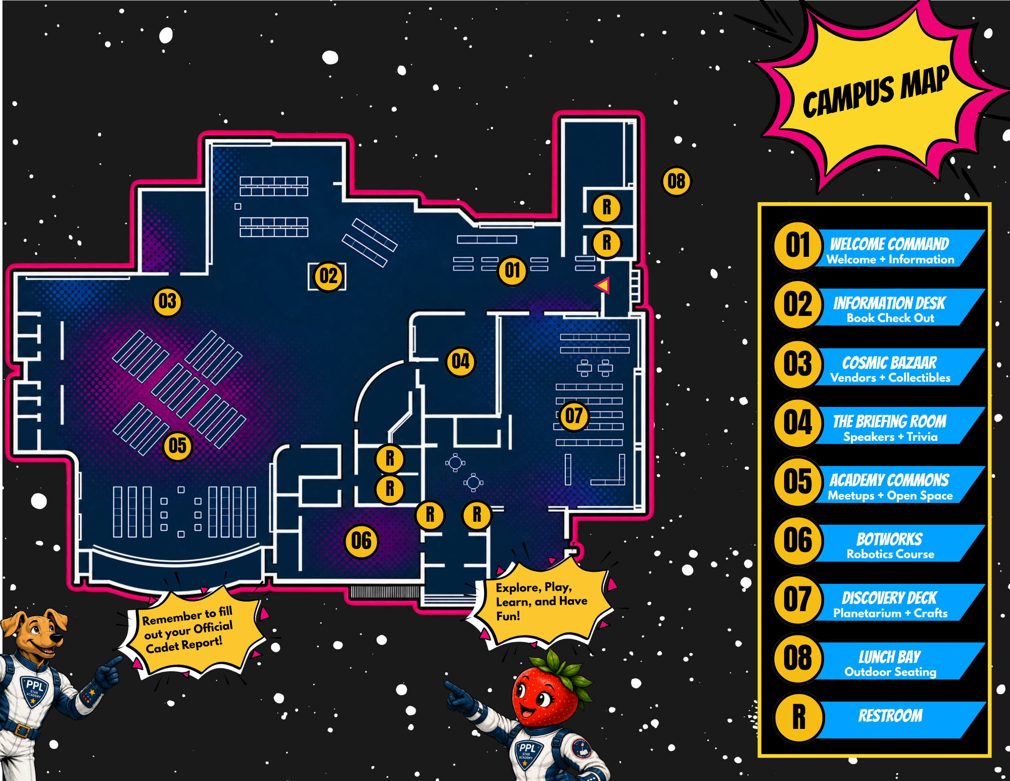 Illustrated Ichigo-Con Star Academy campus map showing eight areas throughout Pasadena Public Library: Welcome Command, Information Desk, Cosmic Bazaar, The Briefing Room, Academy Commons, Botworks, Discovery Deck, and Lunch Bay. Restrooms are marked with an R. Commander Rover and Science Officer Ichigo appear at the bottom alongside reminders to complete the Official Cadet Report and explore, play, learn, and have fun.