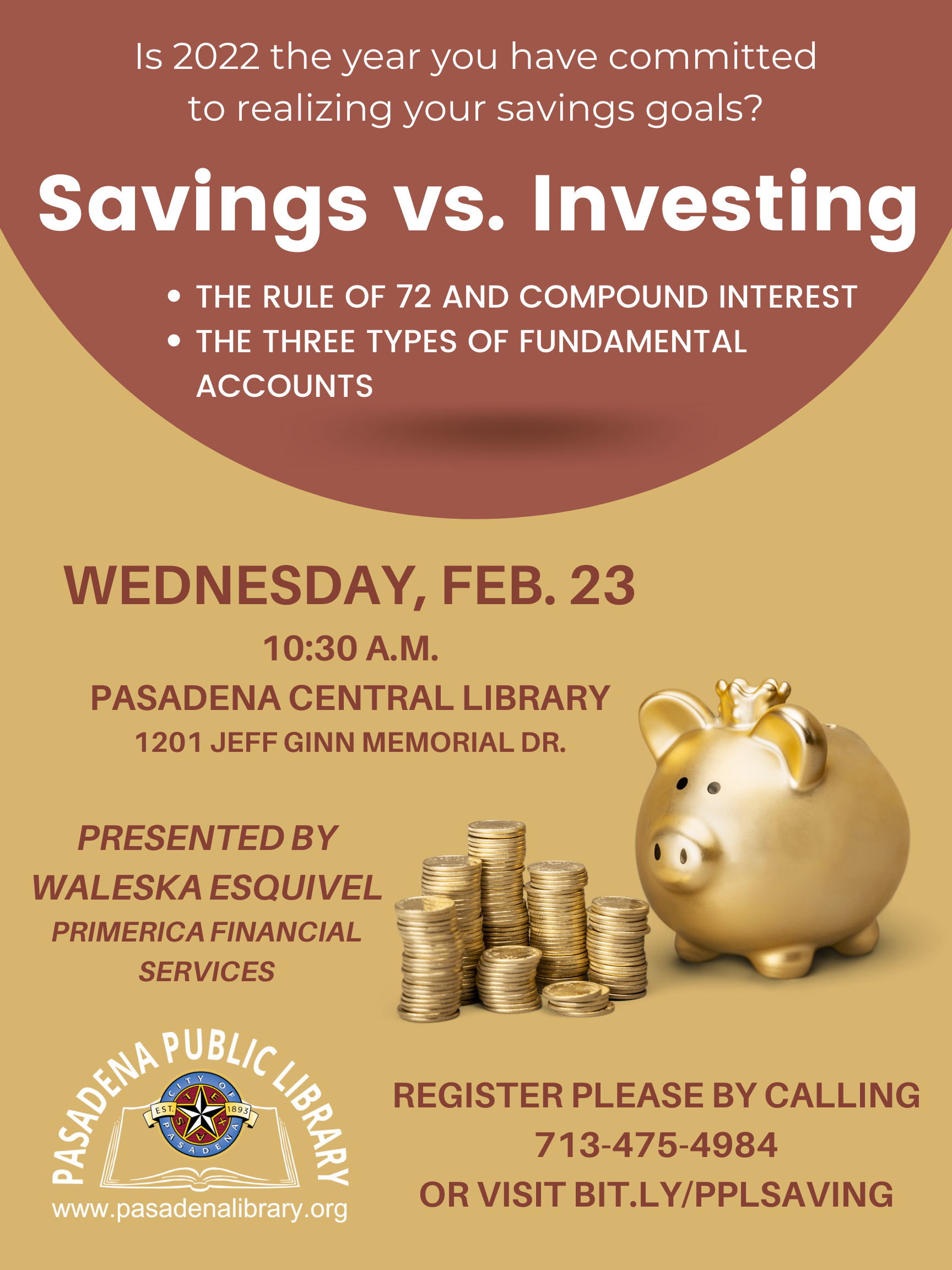 Flyer for savings vs. investing program on Wednesday, February 23
