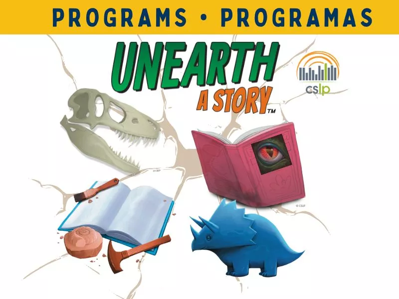 An image of a book, stegasauraus, and dinosaur skull with text Programs Programas.