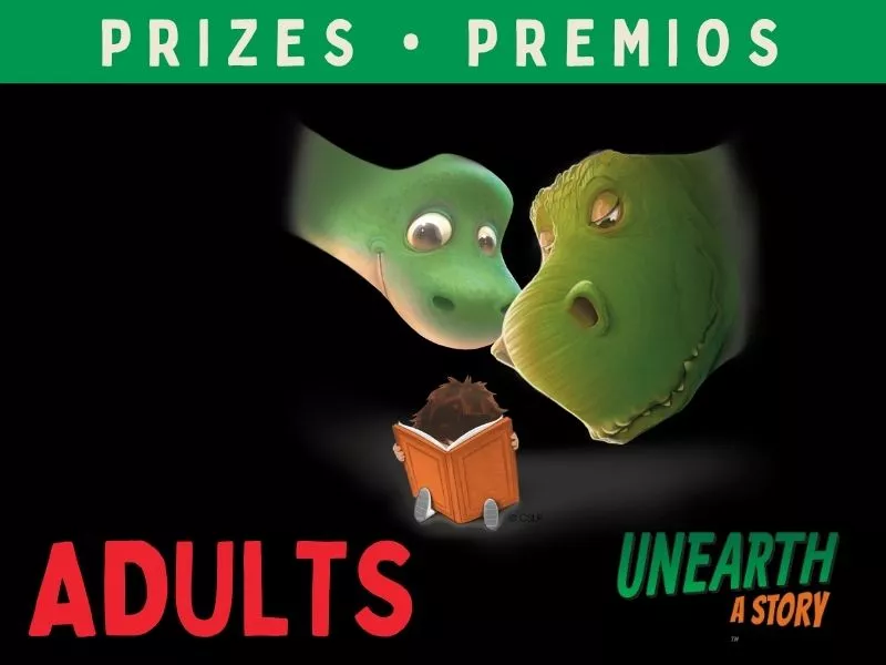 An image with two adult and one young dinosaurs with text Prizes Premios Adults.