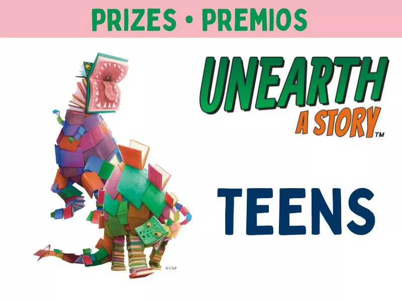 An image with books shaped in a Stranger Things motif and text Prizes Premios Teens.