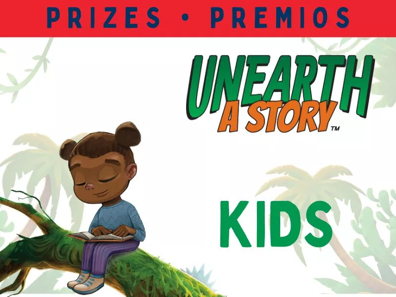 An image of a young girl reading on a tree limb with text Prizes Premios Kids.