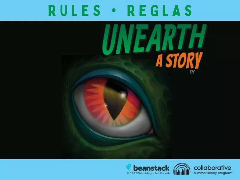 An image of a dinosaur eye with text Rules Reglas.
