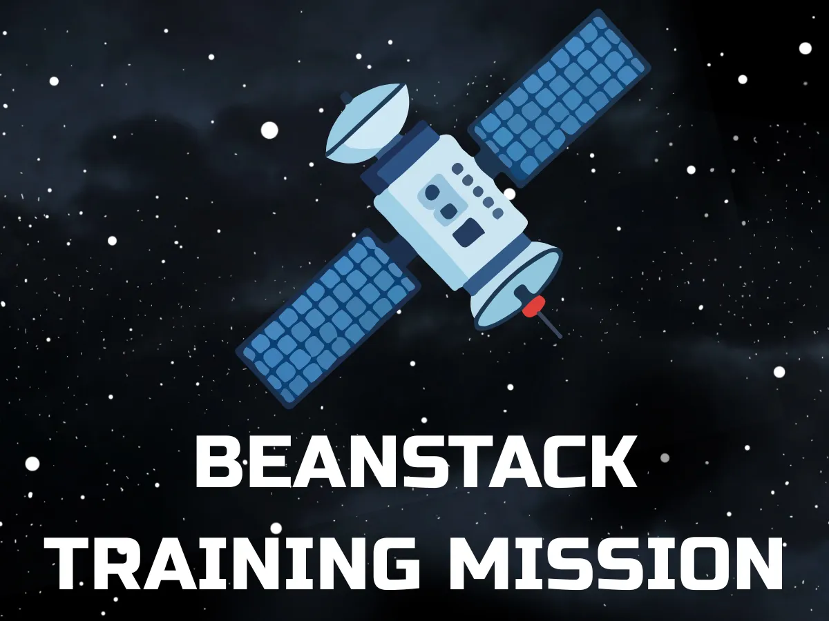 An illustrated blue and white satellite floats against a dark, star filled space background. Large white text reads, “Beanstack Training Mission.”