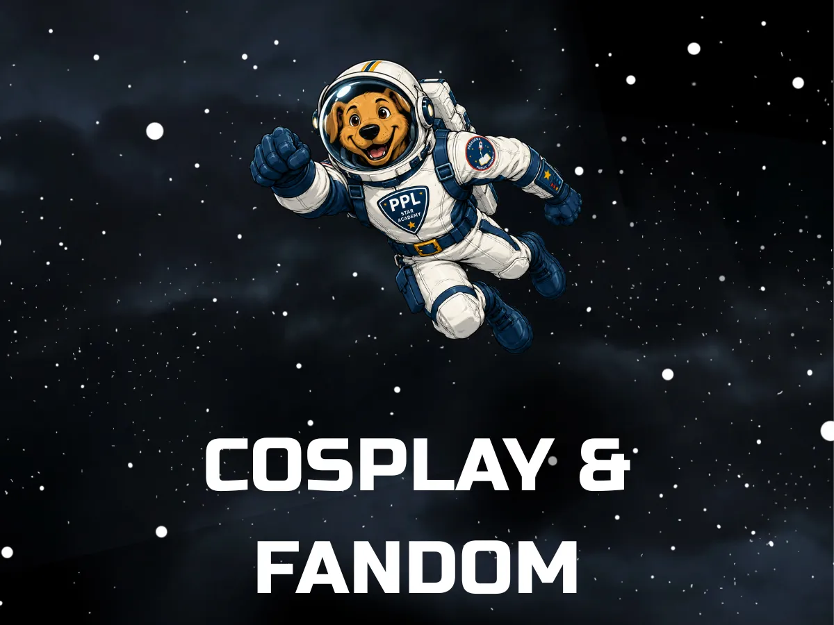 Commander Rover, a golden dog astronaut in a white and blue Star Academy spacesuit and helmet, floats through a star filled space background with one fist extended forward. Large white text reads, “Cosplay &amp; Fandom.”