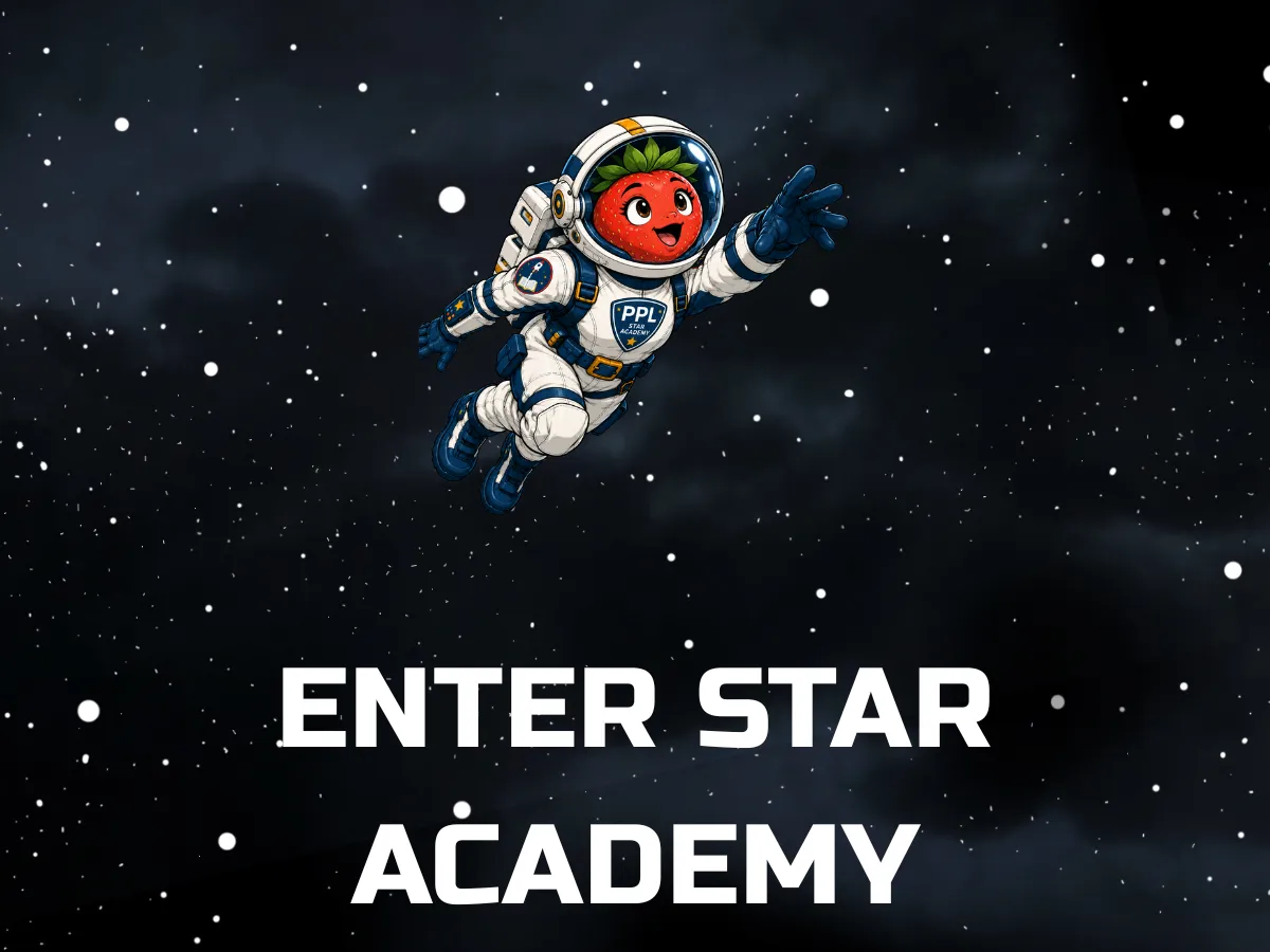 Science Officer Ichigo, a strawberry astronaut in a white and blue Star Academy spacesuit, floats through a star filled space background while reaching forward. Large white text reads, “Enter Star Academy.”