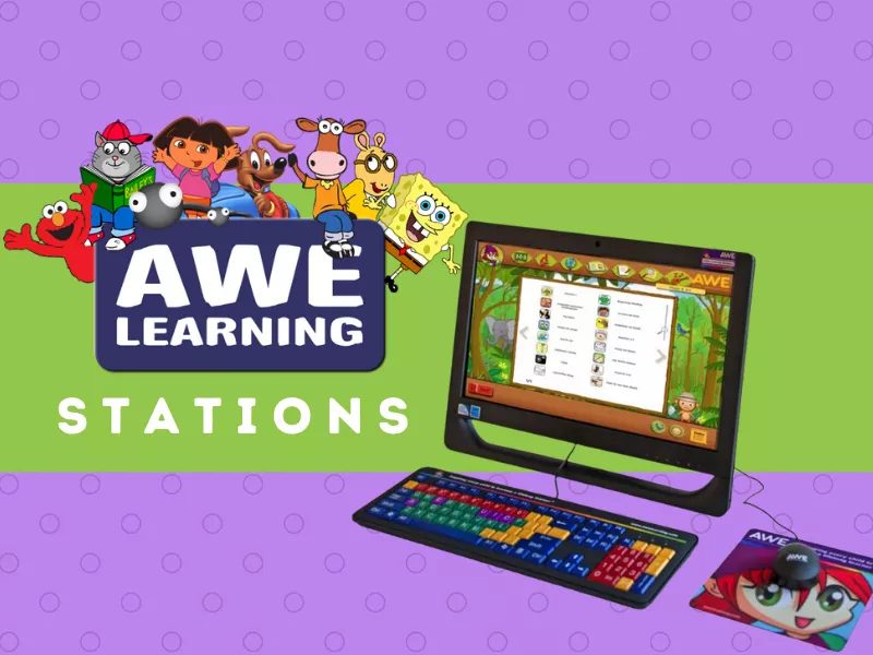 Purple green background, AWE Digital Learning Station Logo and computer