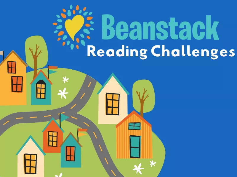 Beanstack Reading Challenge houses with Beanstack Logo, blue and green background