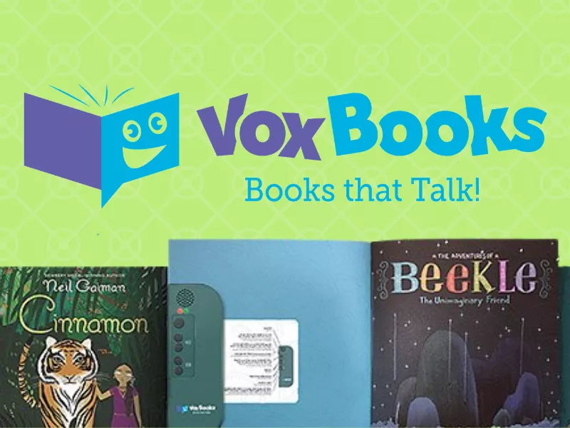 green background, vox books logo, book titles Beekle and Cinnamon