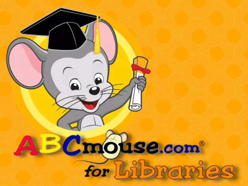 ABC mouse logo, grey mouse holding diploma, orange background
