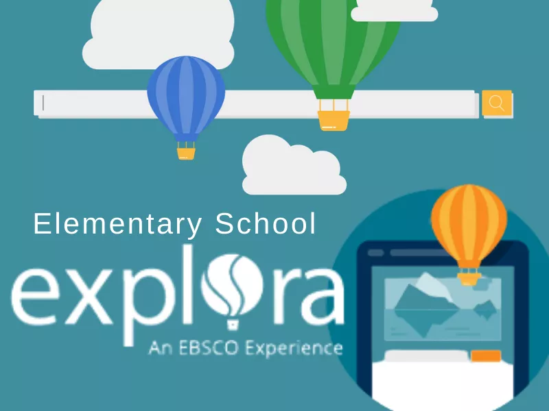 Explora for Elementary School Logo, blue background, hot air balloons, tablet