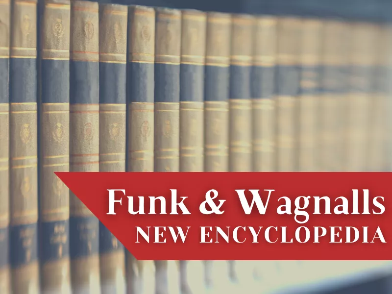 Funk and Wagnalls logo, encyclopedias in background