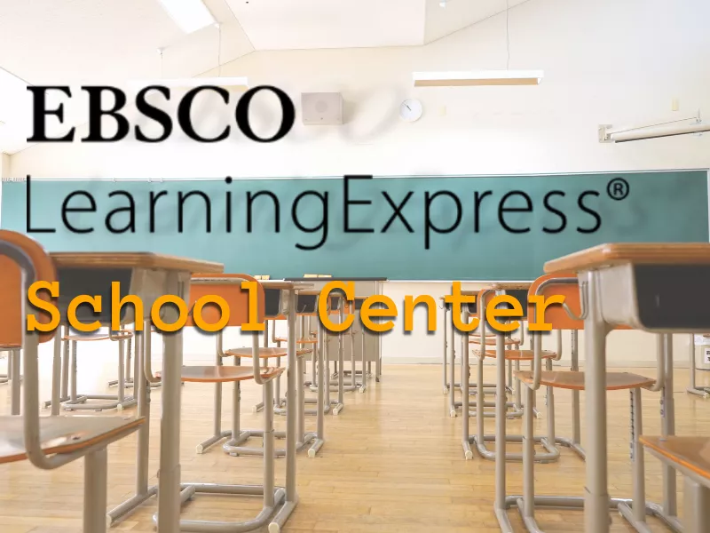 Learning Express School Library logo, classroom background with metal desks and chalkboard