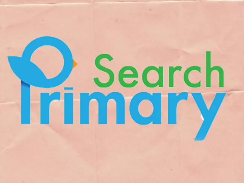 Primary Search logo with blue and green lettering, pink background