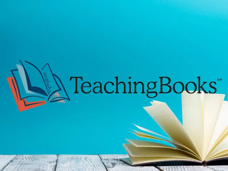 Teaching Books logo, blue background, open book on wooden planks