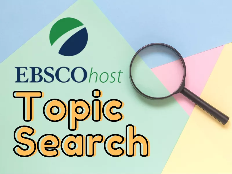 multi-colored background, Topic Search logo with yellow font, magnifying glass