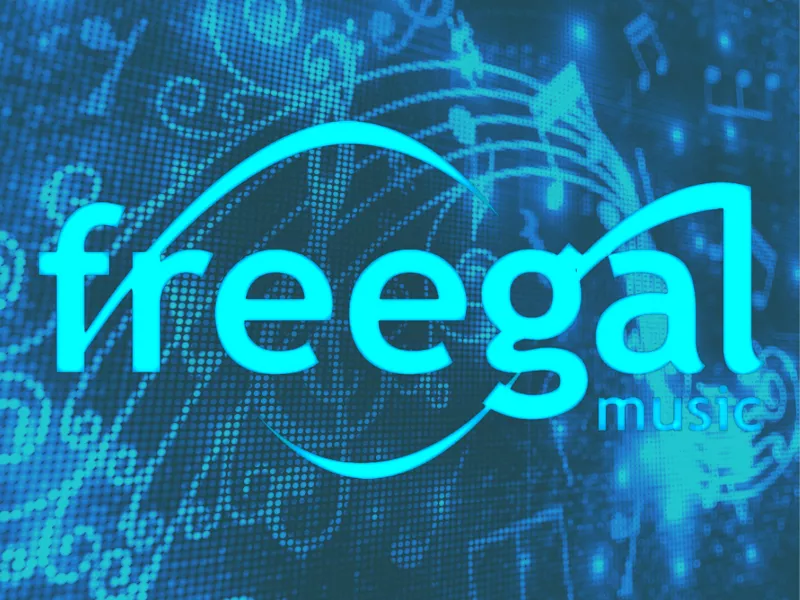 freegal logo with blue lettering and background, music notes