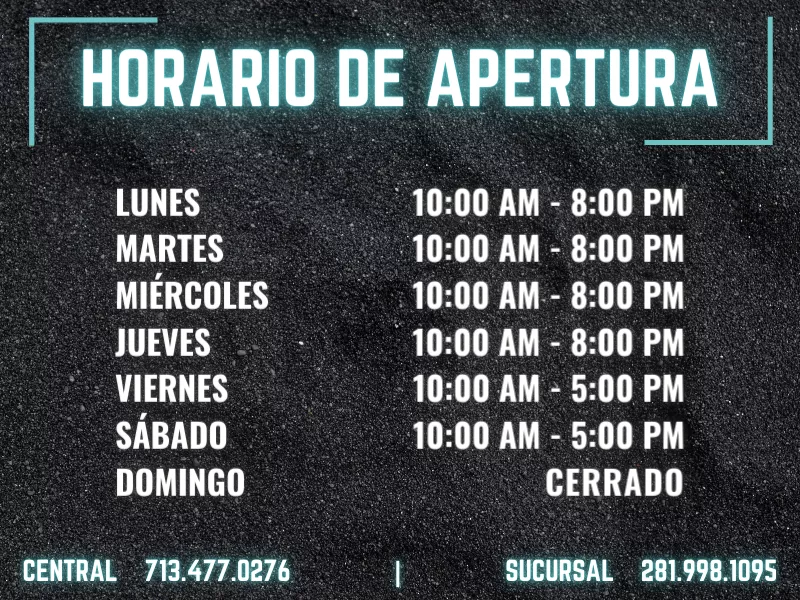 Fondo negro con letras blancas con resplandor verde azulado mostrando las horas de servicio