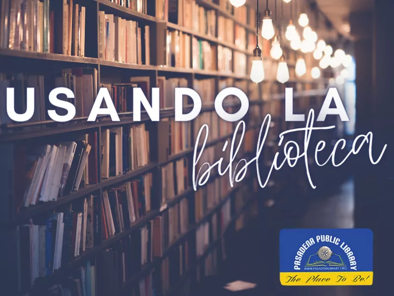 Pasillo de la biblioteca con libros en los estantes y la tarjeta de la biblioteca public a un lado