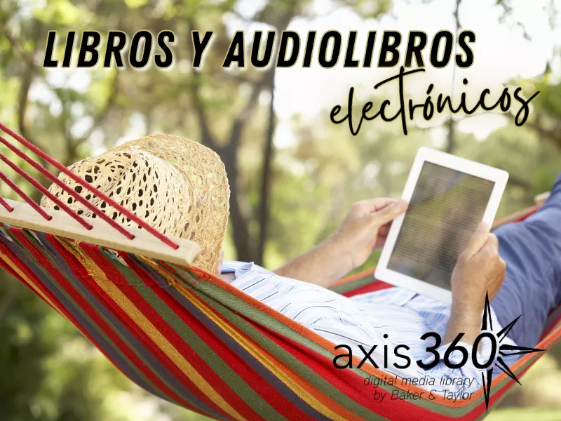 Señora con sombrero en una colorida hamaca leyendo un libro electrónico en su tableta