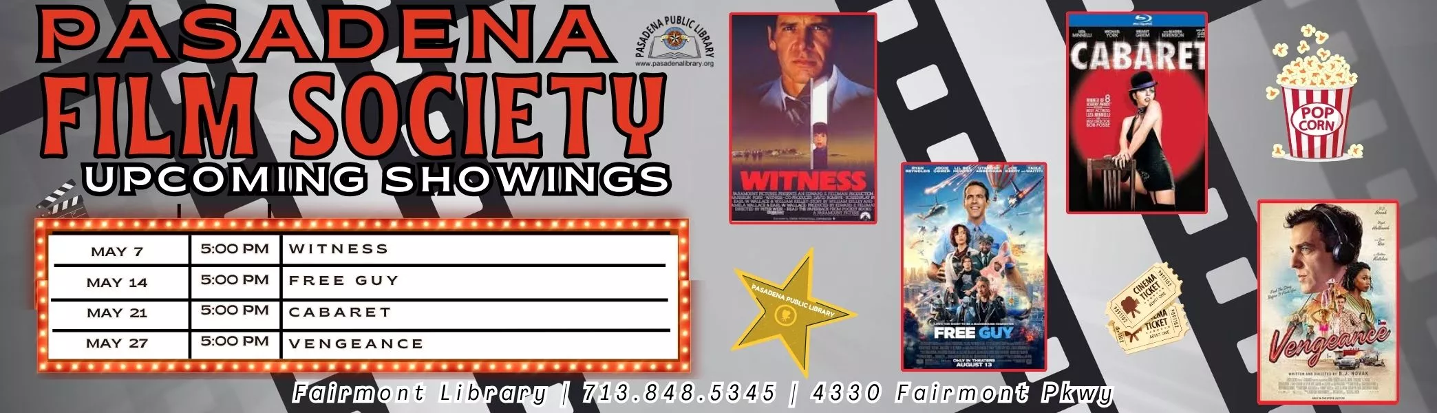 Banner listing May showings of the Pasadena Film Society at Fairmont Library at 5 pm.