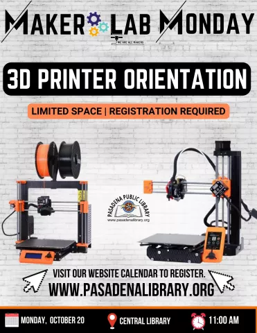 CENTRAL: Maker Lab Monday 3D Printer Orientation (RR)